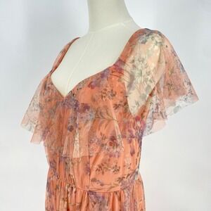 Vintage Mesh Floral Dress Peach Asymmetrical Hi Low Hem Fairycore